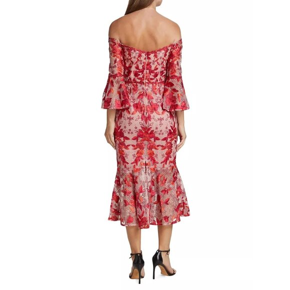 Marchesa Notte Women Red Pink Embroidery Tea Length Dress Off Shoulder Sz 6 2569 - Picture 12 of 16